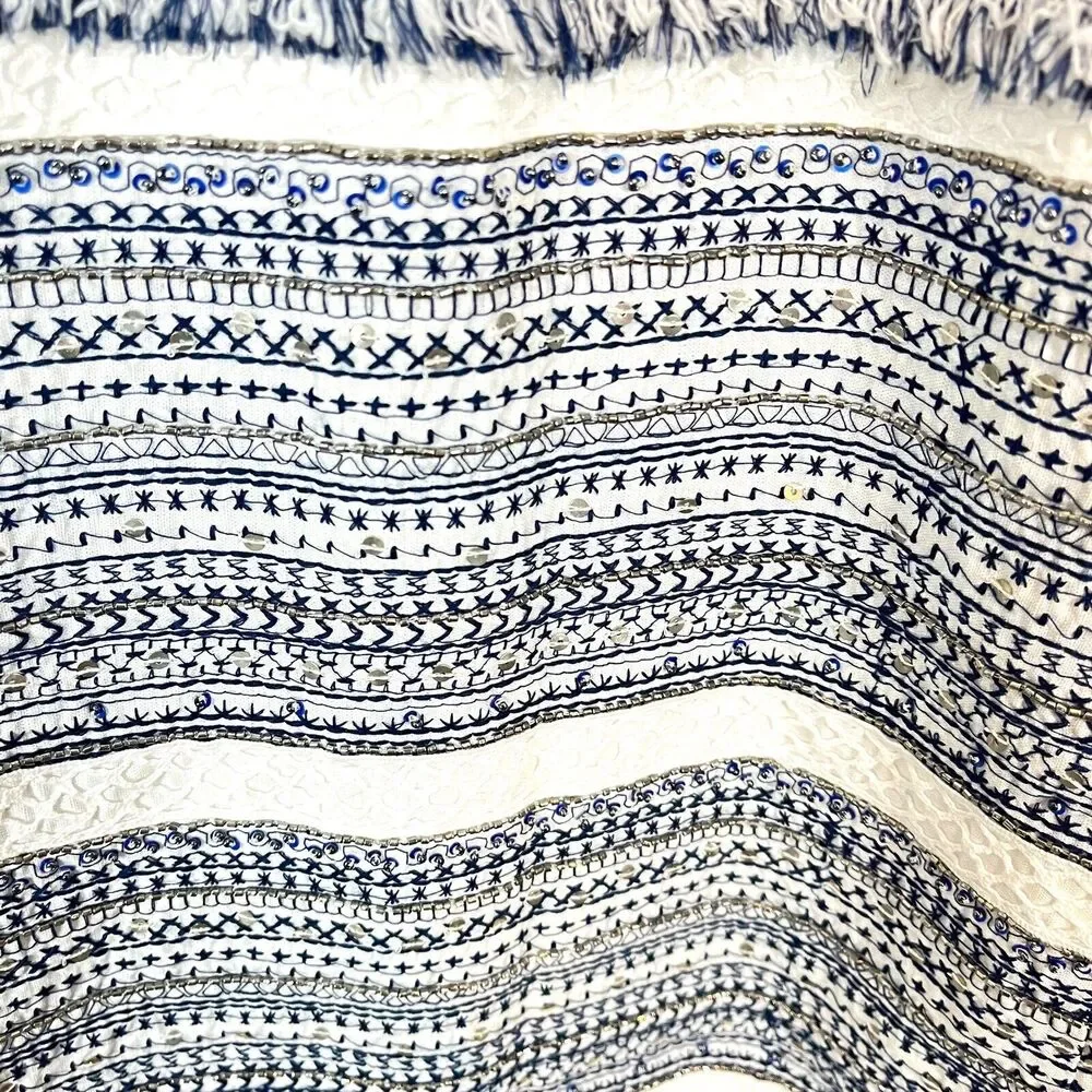 Chico's Eyelet Topper Jacket Embellished Cotton Linen White Blue SZ 12 P NWT